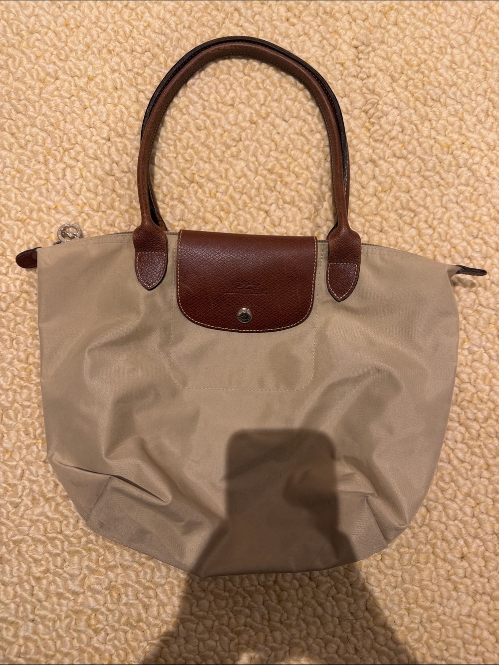 Longchamp Small Beige Tote with Brown Leather Trim